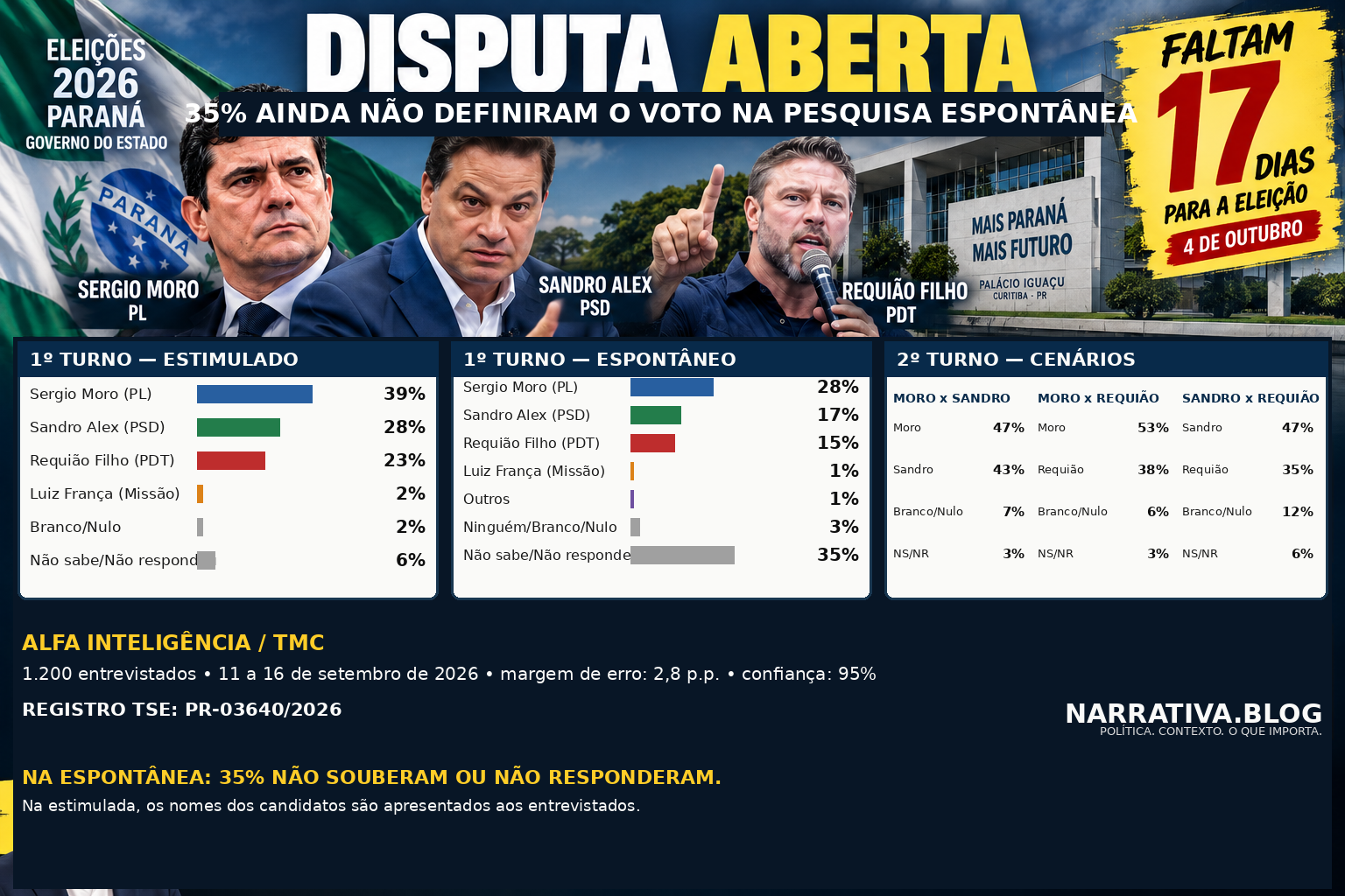 Pesquisa Alfa revela eleitorado ainda aberto, enquanto Ratinho Junior entra de vez na campanha de Sandro Alex