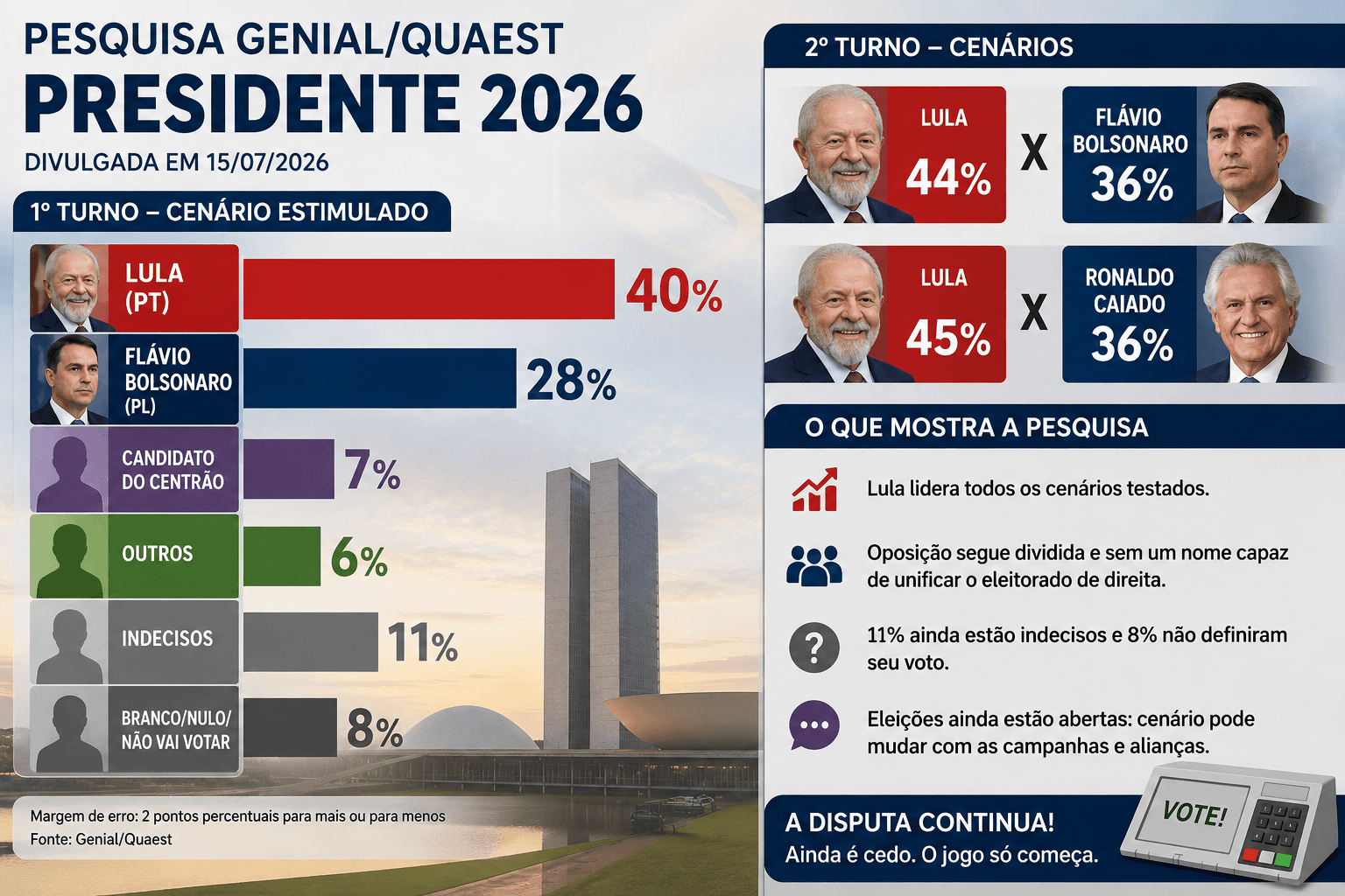 Pesquisa Quaest mostra Lula na frente, mas eleição continua aberta