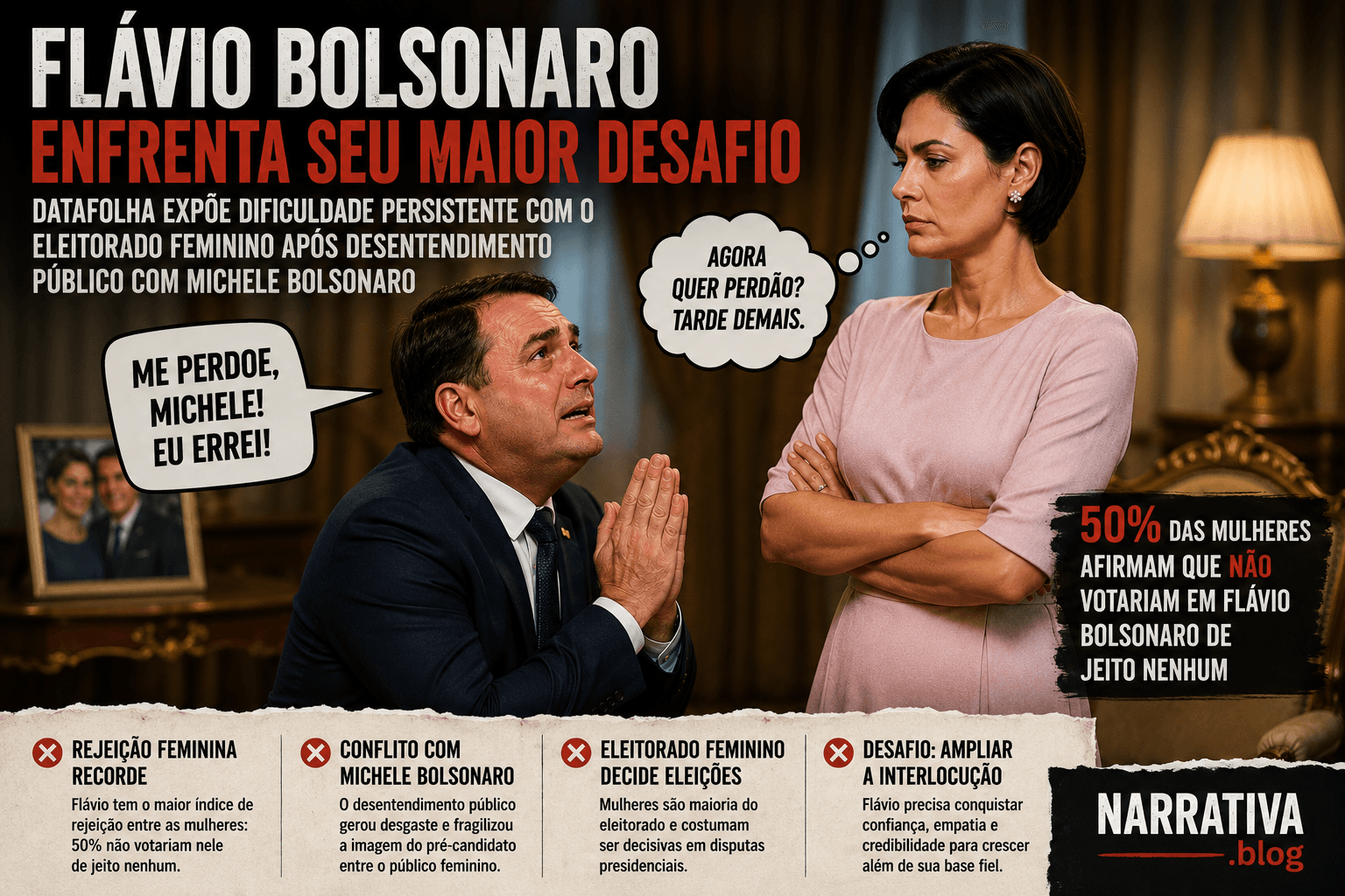 Datafolha expõe um dos maiores desafios de Flávio Bolsonaro: reconquistar o eleitorado feminino