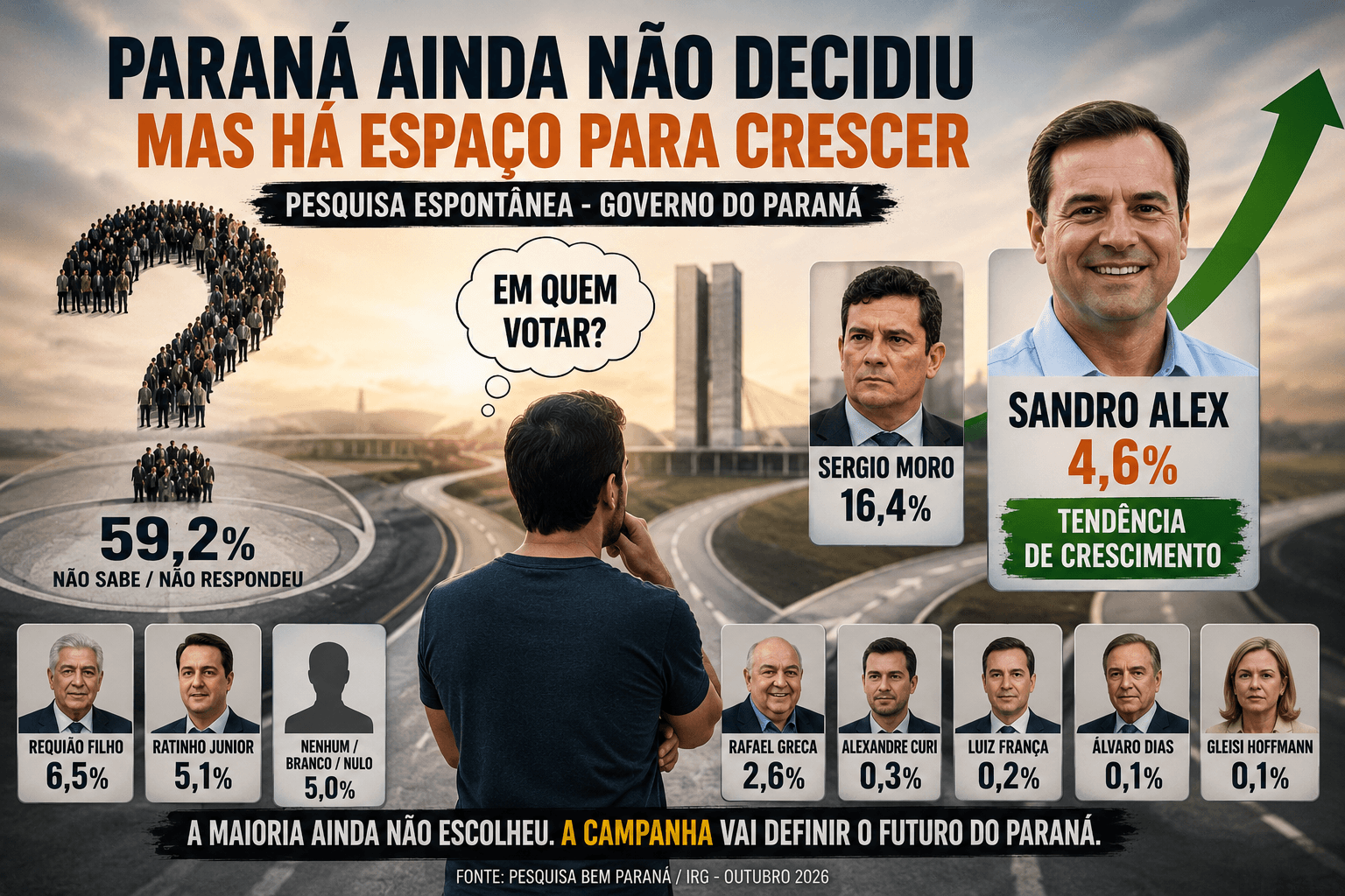 Pesquisa espontânea, a mais importante, revela que eleição no Paraná ainda está em aberto e aponta espaço para crescimento de várias candidaturas